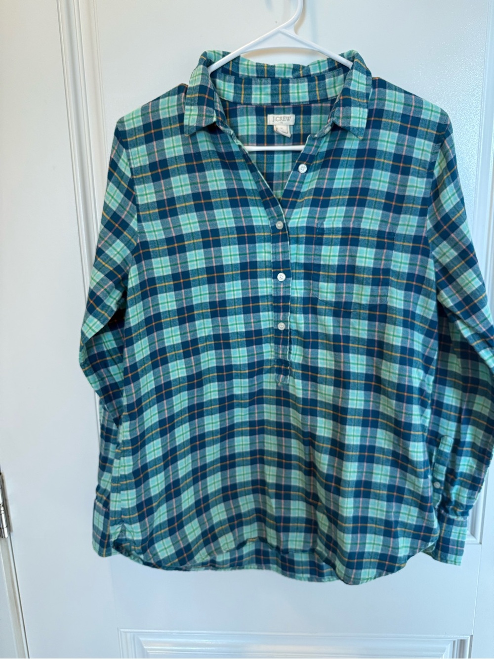 J.Crew Plaid Popover Flannel Shirt Women’s M 100% Cotton Blue Green Preppy